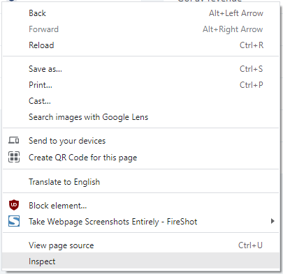 The right click menu with Inspect highlighted