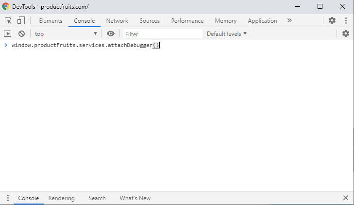 The DevTools menu with the window productFruits services attachDebugger command entered