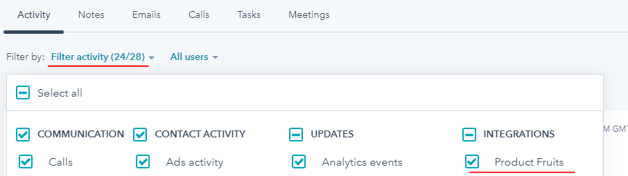 The Activity menu on the HubSpot platform showing the Product Fruits integration checkbox