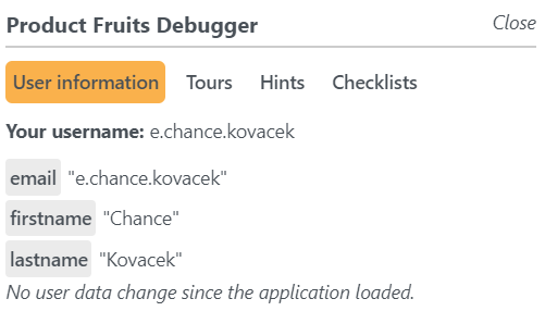 screenshot of the Product Fruits debugger showing the user tag