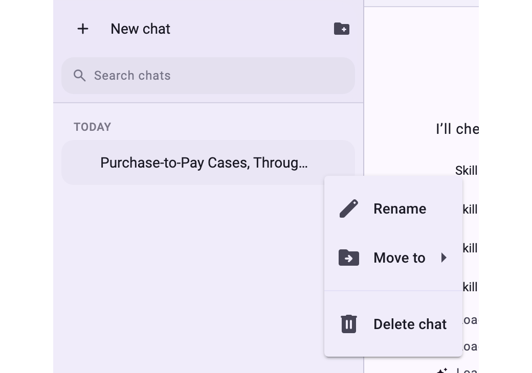 The chat list with New chat, Search chats, a chat under Today and its menu with Rename, Move to and Delete chat