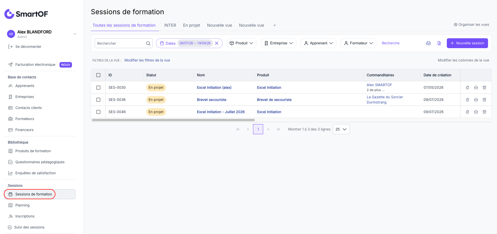 Liste des sessions de formation, entrée Sessions de formation dans le menu latéral