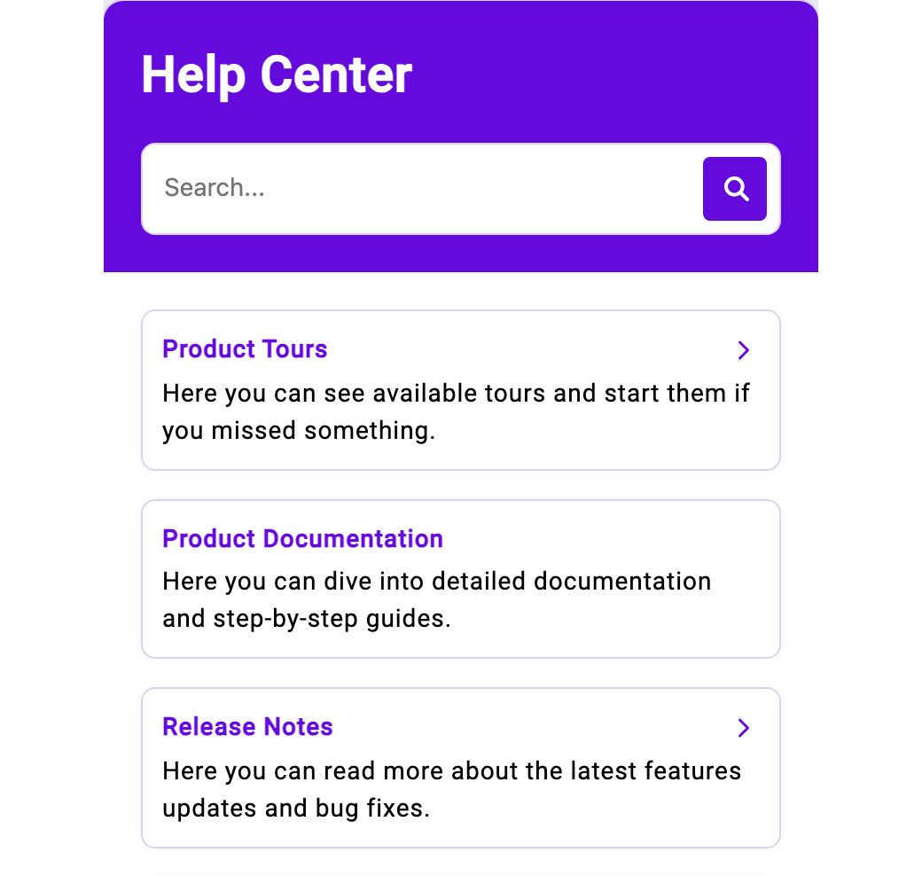 The Help Center with the search field and the sections Product Tours, Product Documentation and Release Notes
