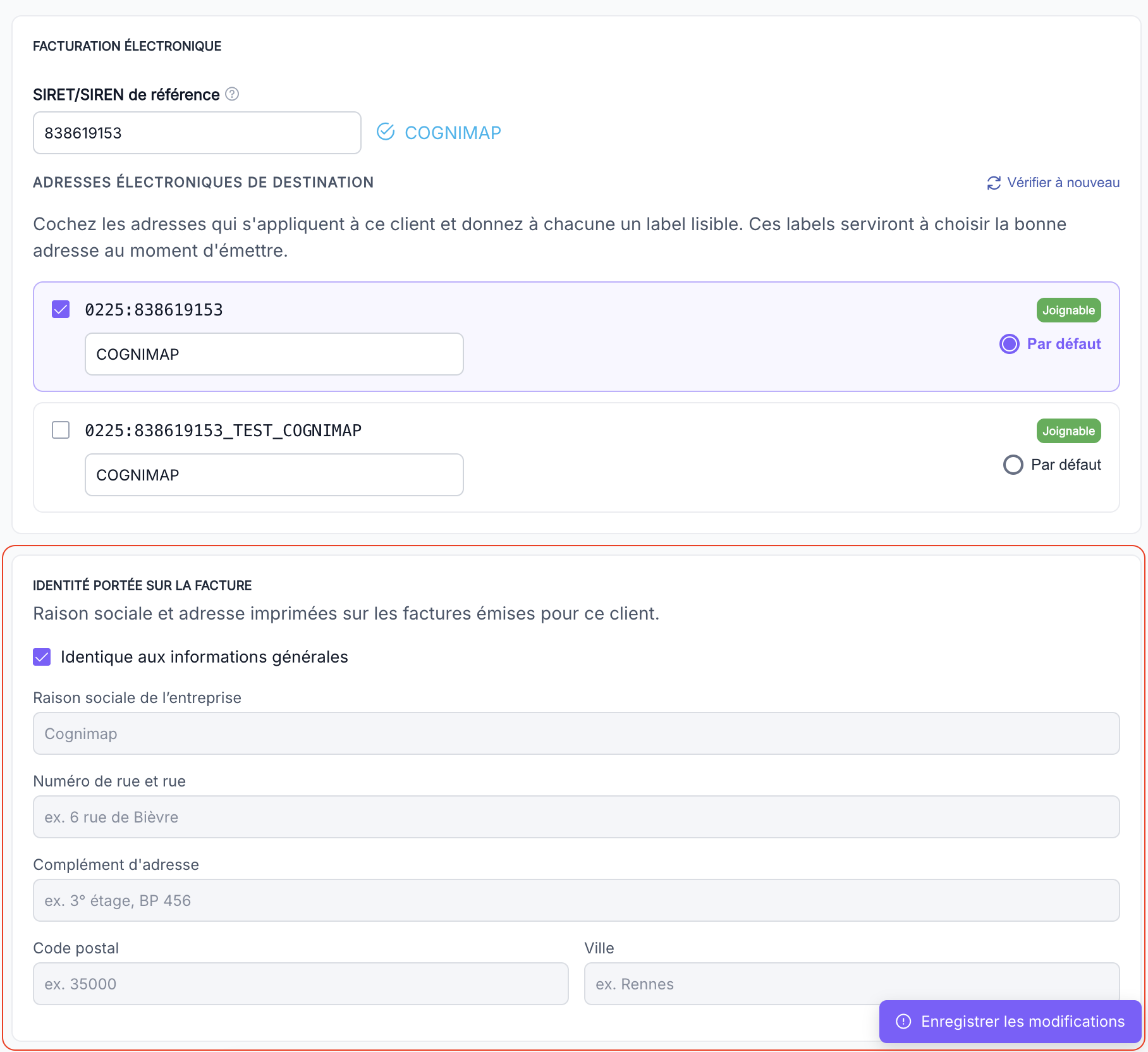 Onglet Informations de facturation d'une fiche entreprise, section Facturation électronique