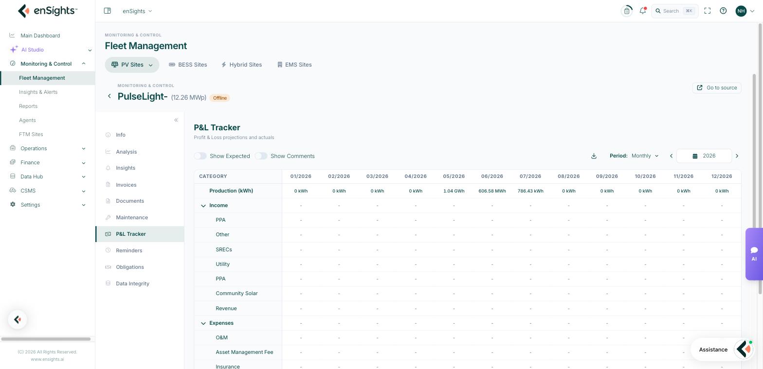 The P&L Tracker tab of a PV site