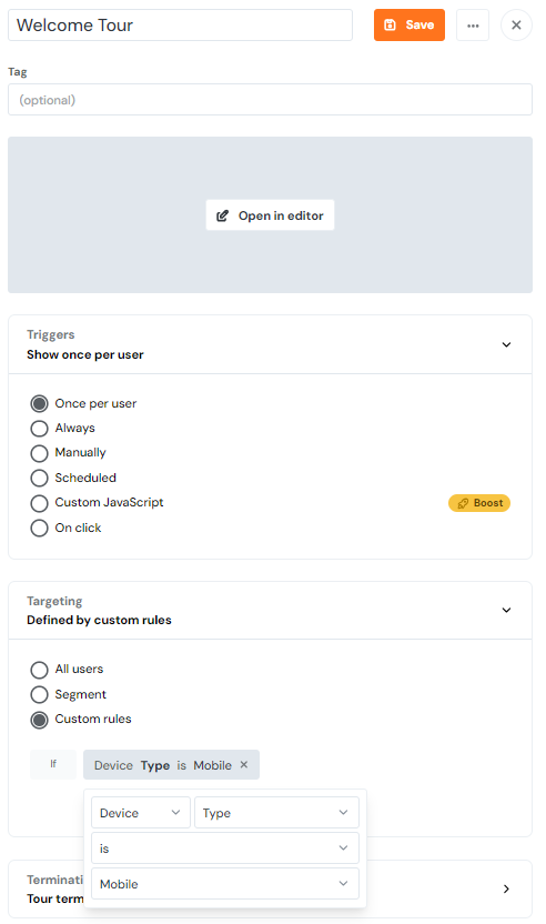 an example of a tour designed for mobile showing targeting defined by custom rules if device type is mobile