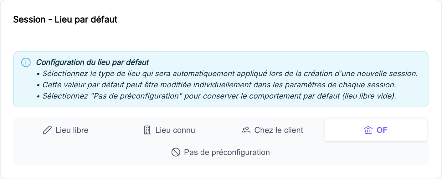 Section Session - Lieu par défaut avec les types de lieu