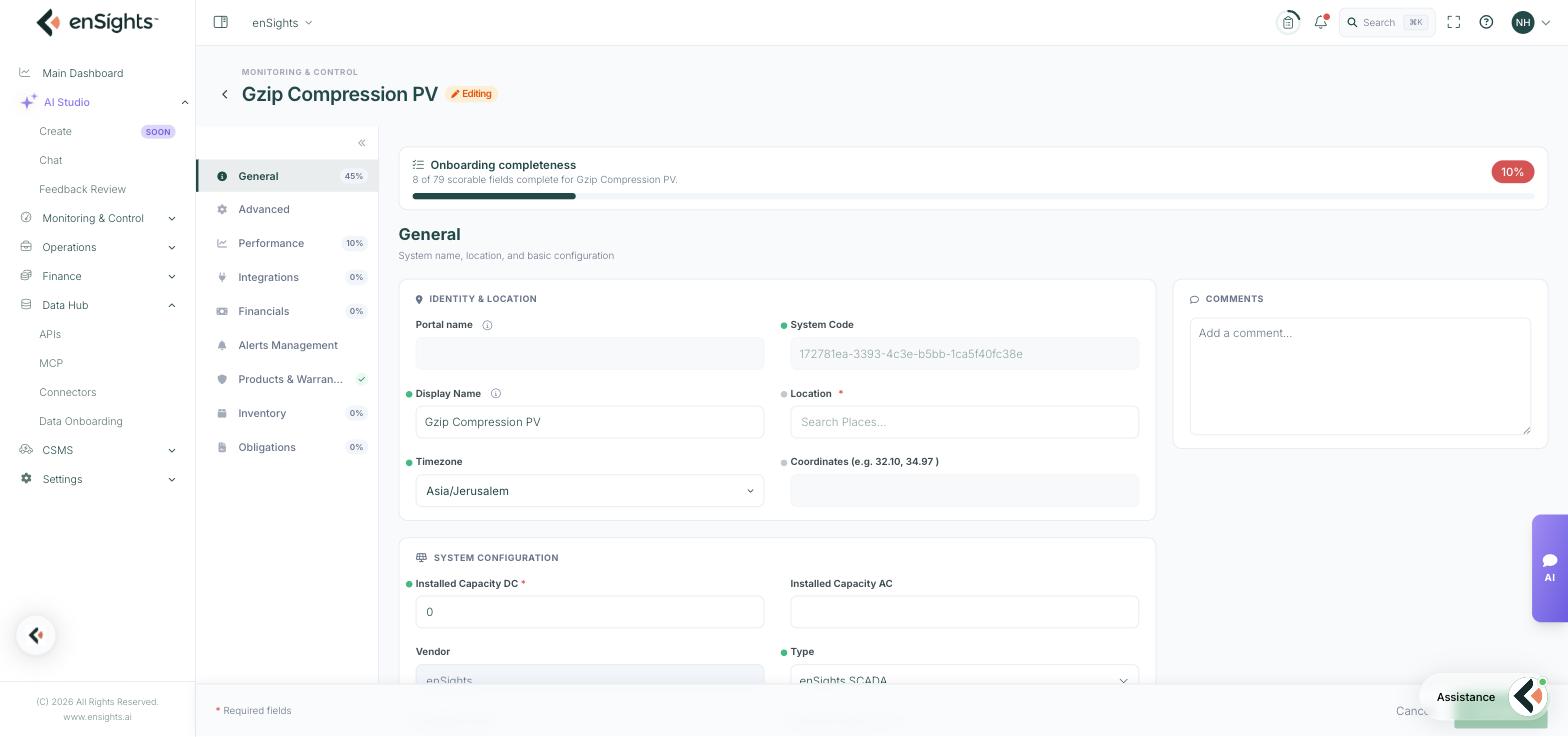 A system opened from Data Onboarding: an Onboarding completeness banner reading 8 of 79 scorable fields complete, with per-tab percentages for General, Advanced, Performance, Integrations, Financials, Inventory and Obligations, and markers beside each scorable field.