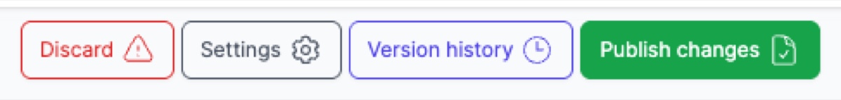 Draft mode action buttons showing Discard, Settings, Version history, and Publish changes