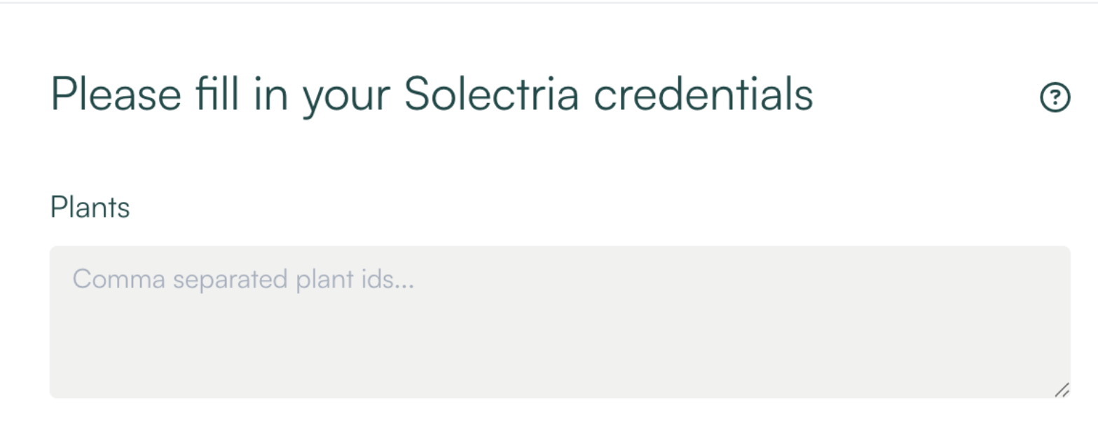 enSights Add Datapoint form: Solectria credentials with the comma-separated plant ids field