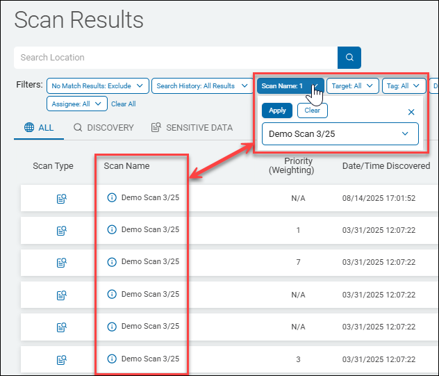 Filter Scan Results by Scan Name Example