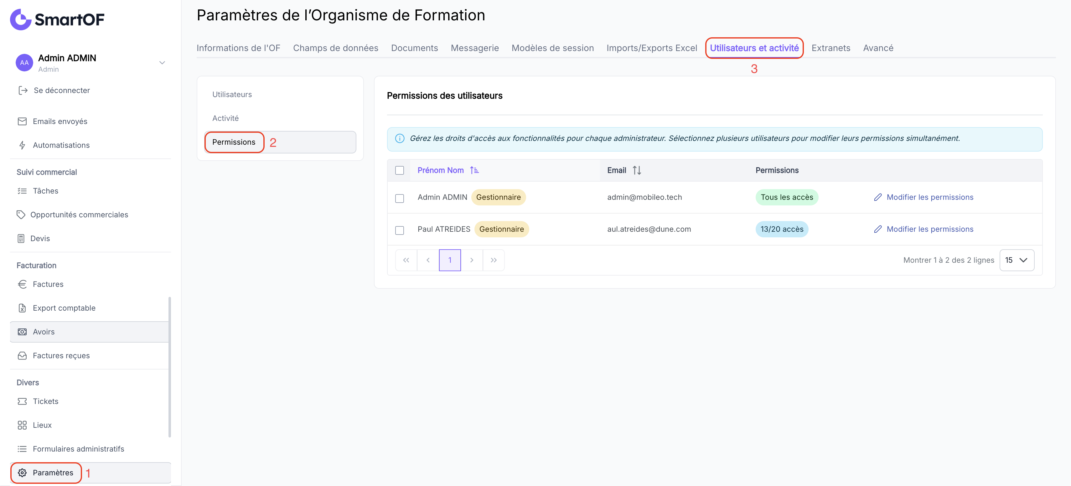 Liste des utilisateurs actifs dans les Paramètres