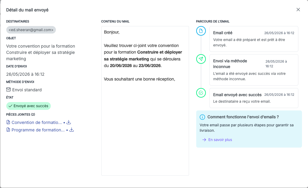 Détail d'un email avec son statut et son contenu