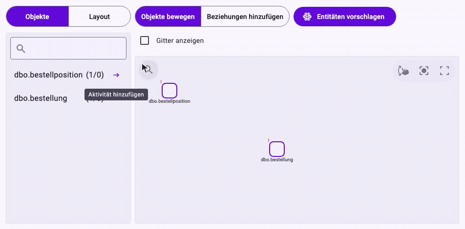 Animation: ein Klick auf Beziehungen hinzufügen, ein Ziehen von dbo.bestellung zu dbo.bestellposition, das eine gestrichelte Datenbeziehung erstellt, ein Klick auf Objekte bewegen und ein Ziehen, das dbo.bestellposition neben dbo.bestellung verschiebt