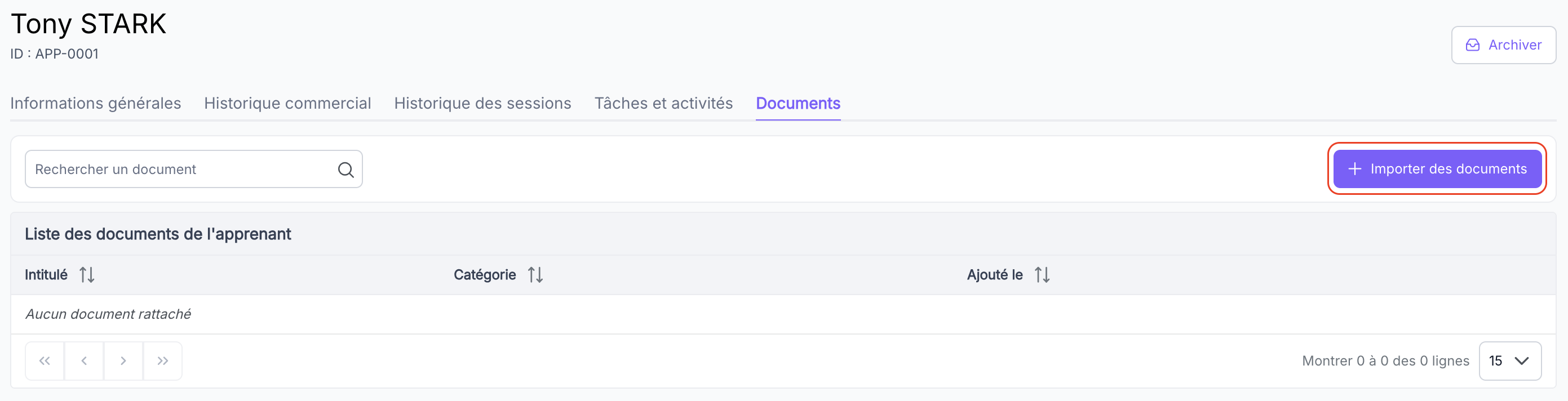 Bouton Importer des documents et fenêtre de sélection de fichier