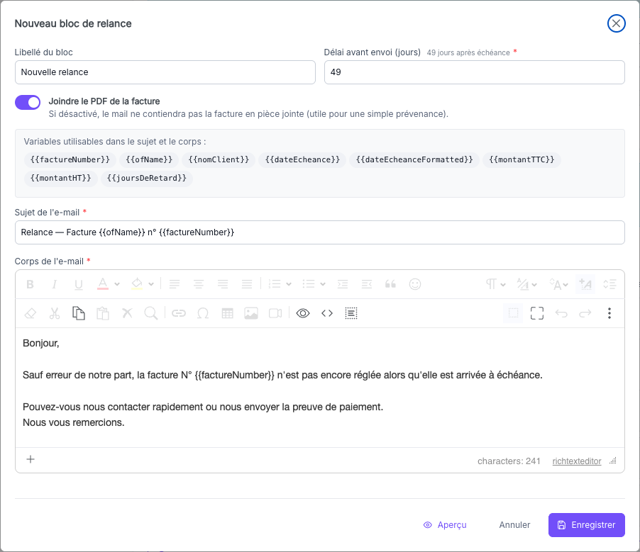 Modale Modifier le bloc de relance avec les champs Libellé, Délai, toggle PDF, variables, Sujet et Corps