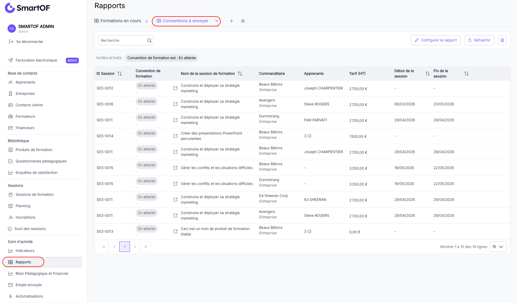 Vue principale de la section Rapports avec le rapport actif et le menu de sélection
