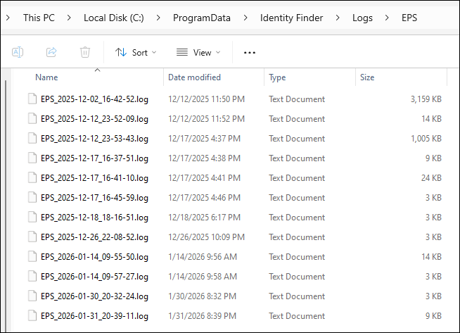 Example Windows EPS log directory