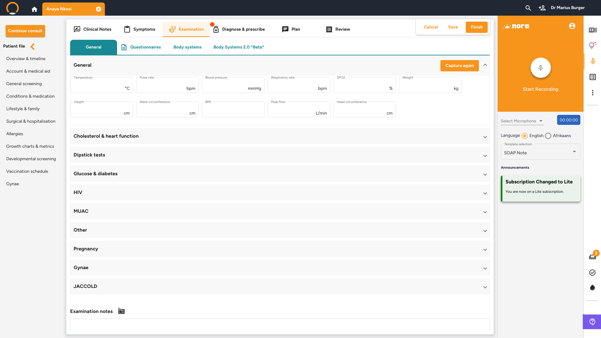 Examination tab showing vitals input fields