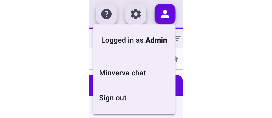 The profile menu with Logged in as Admin, the entry Minverva chat and Sign out