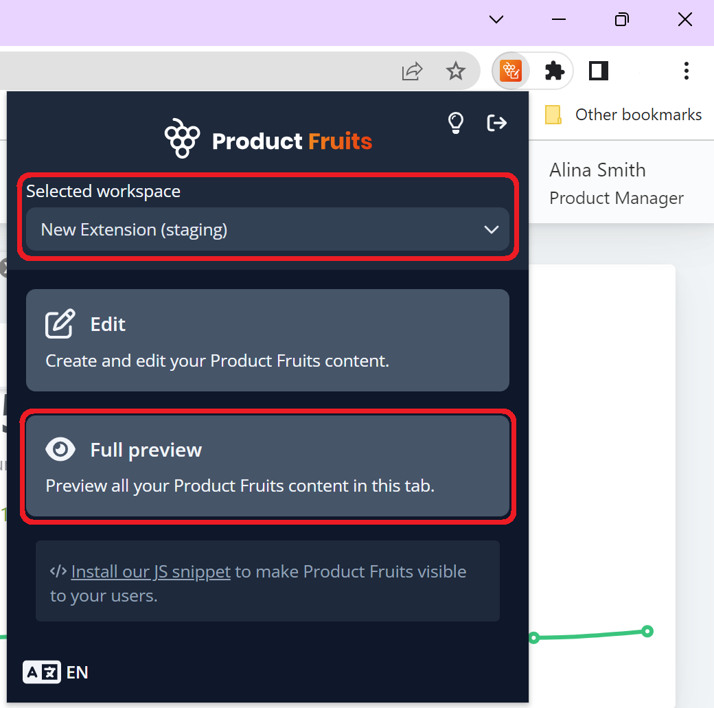 The Product Fruits Editor Chrome Extension with the selected workspace and Full Preview sections highlighted