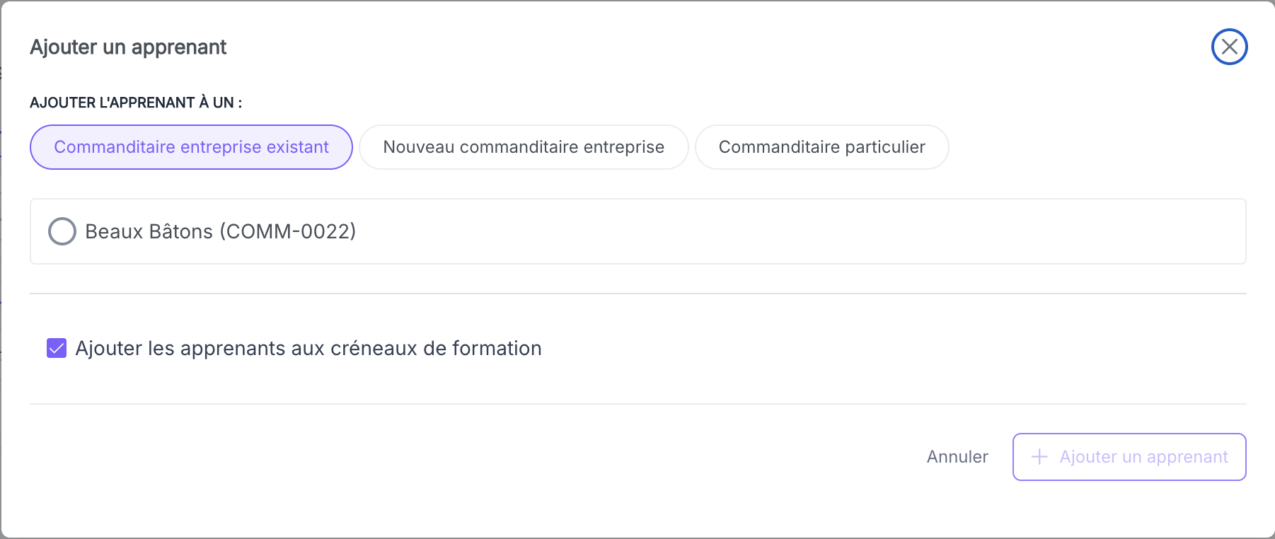 Modale Ajouter un apprenant avec les trois options