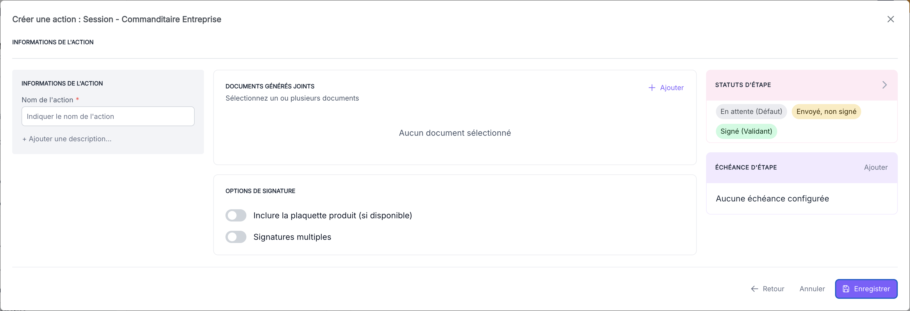 Modale de configuration d'une action Signature, avec le bloc Documents générés joints et les options de signature