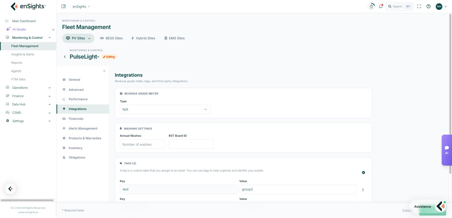 The Integrations tab with revenue-grade meter, washing settings and tags