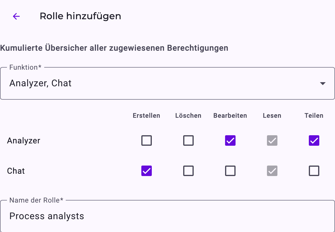 Das Formular Rolle hinzufügen mit den Funktionen Analyzer und Chat und ihren Aktionen