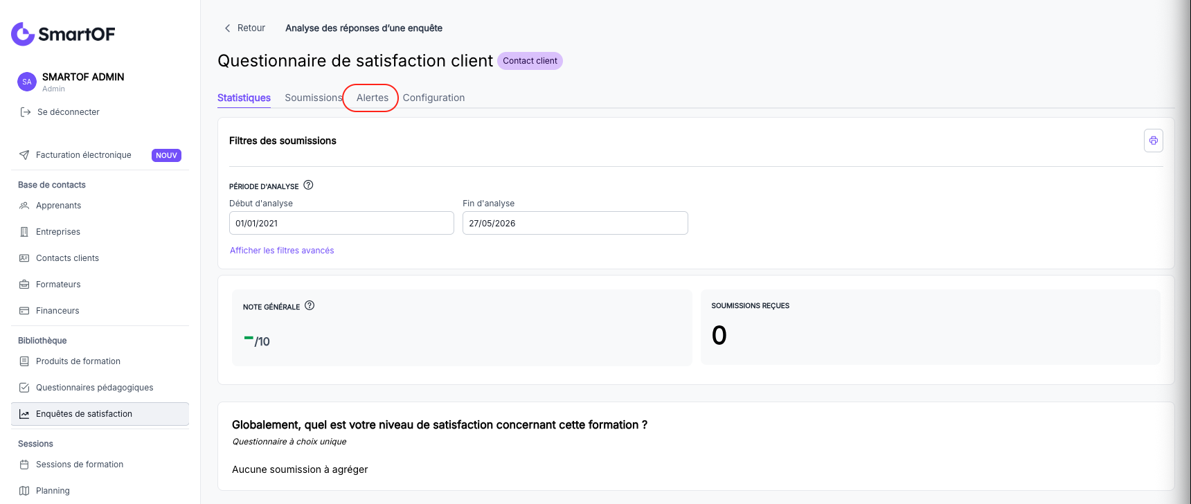 Onglet Alertes dans le modèle d'enquête de satisfaction