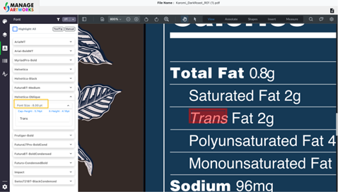 View font details on packaging artwork