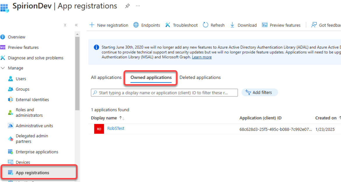 Azure App Registrations - Manage - App registrations - Owned applications 