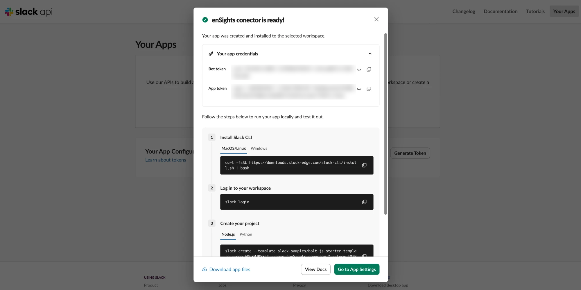 Slack confirmation screen showing the app is ready and installed to the workspace