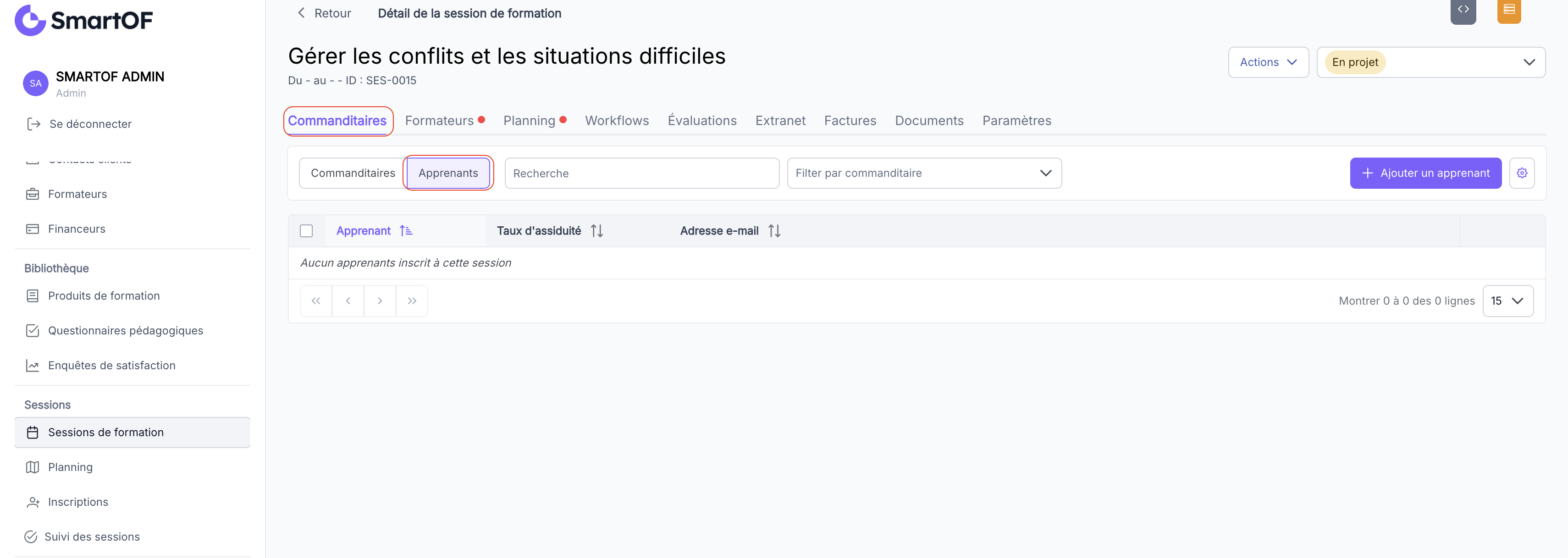 Sous-onglet Apprenants dans la fiche session
