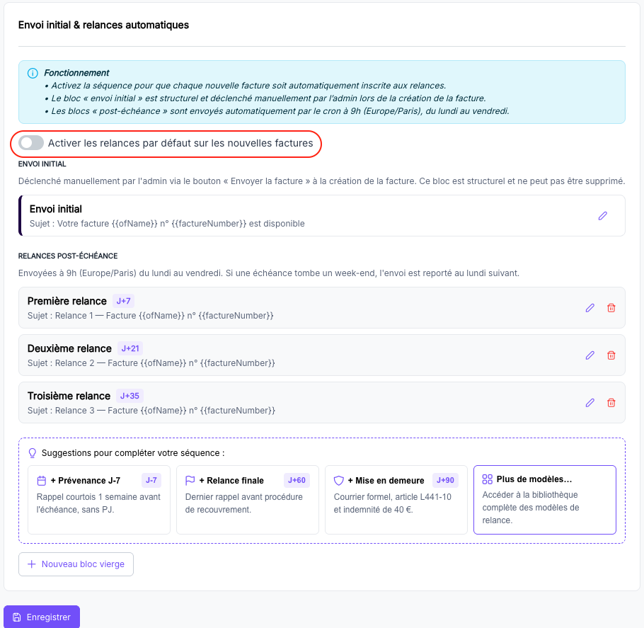 Toggle Activer les relances par défaut sur les nouvelles factures