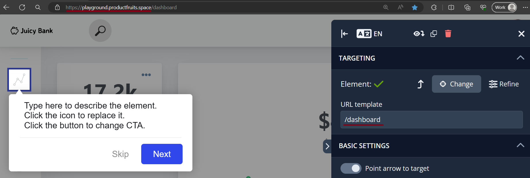 A screenshot showing how the URL template in the Product Fruits editor reflects the path of a URL