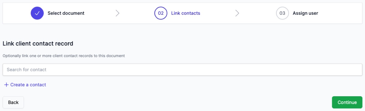 The AddDocumentPage showing step 2 "Link contacts" with the search field and any selected contacts listed below