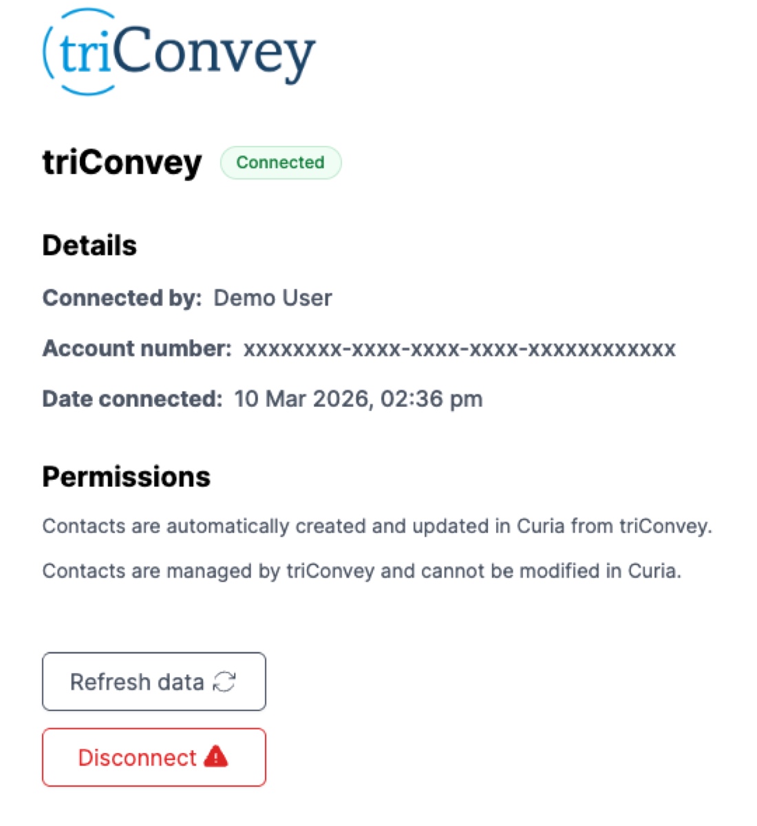 The integration management page showing the triConvey logo, "Connected" status badge, and the Details section with Connected by, Account number, and Date connected fields