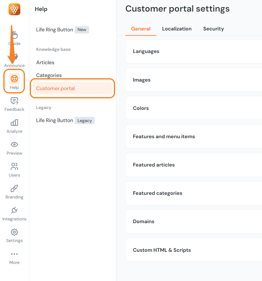 The Customer portal settings screen in the Product Fruits administration