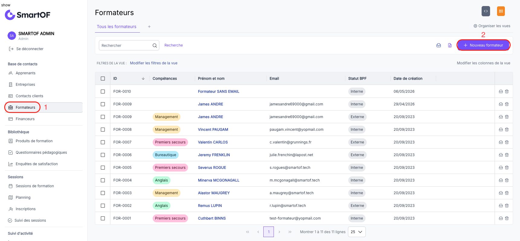 Bouton "+ Nouveau formateur" en haut à droite de la liste des formateurs