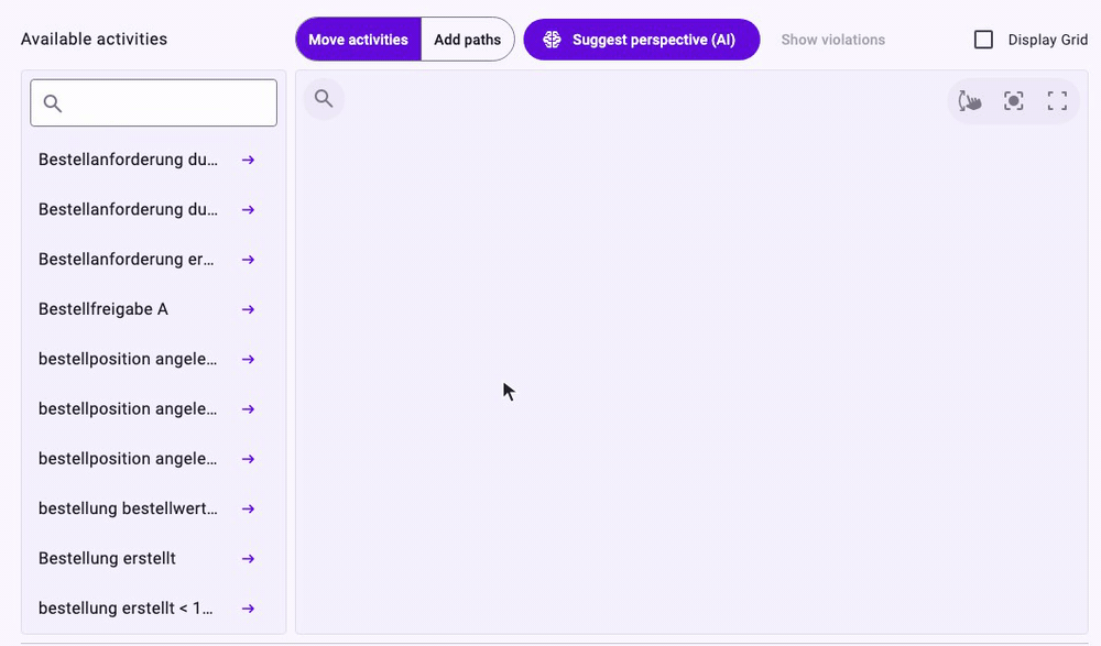 Animation: Bestellung erstellt is dragged from Available activities onto the canvas, the arrow next to bestellposition angelegt (HW) adds a second activity, a click on Add paths and a drag from Bestellung erstellt to bestellposition angelegt (HW) draw a relationship, a click on Move activities, and in the right-click menu of Bestellung erstellt the entry Case ID is chosen