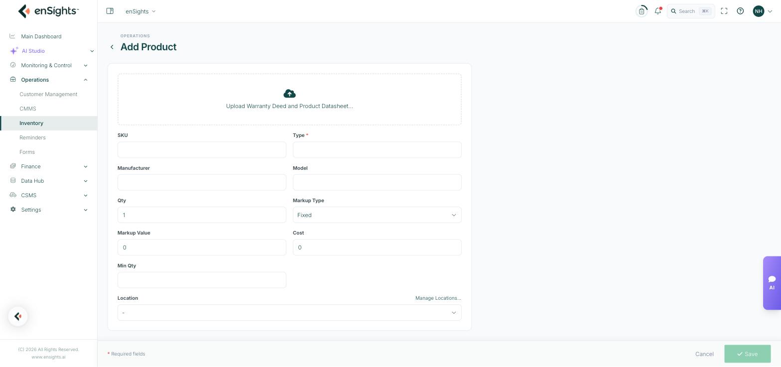 The Add Product form with SKU, type, quantities, markup, cost and location.