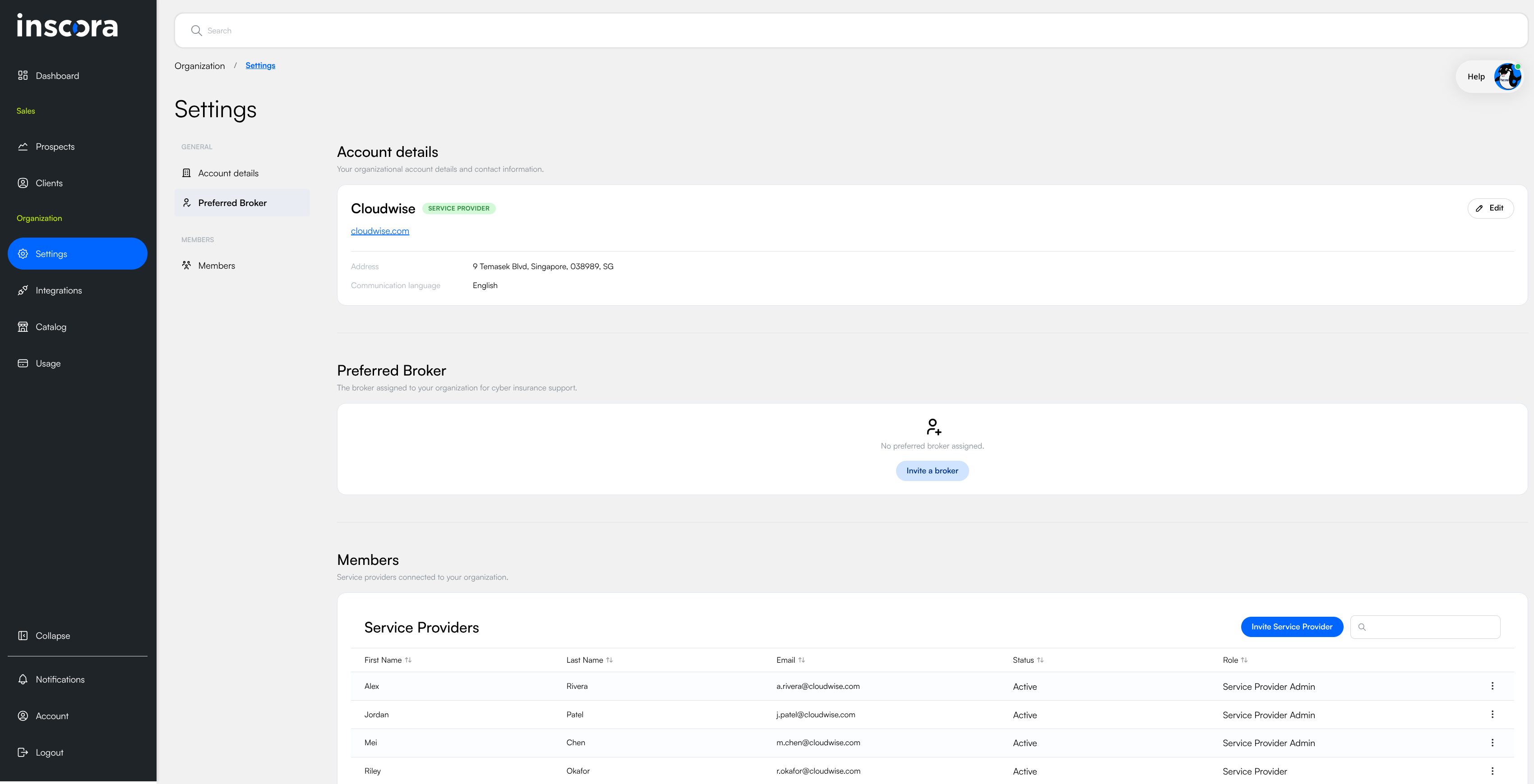The Settings page under Organization. A section list on the left shows GENERAL (Account details, Preferred Broker) and MEMBERS (Members). Account details shows the organization Cloudwise with a SERVICE PROVIDER badge, its website, Address and Communication language, and an Edit button. Preferred Broker below reads 'No preferred broker assigned' with an Invite a broker button. Members shows the Service Providers table with First Name, Last Name, Email, Status and Role columns, four Active members, a three-dot menu per row, and an Invite Service Provider button.