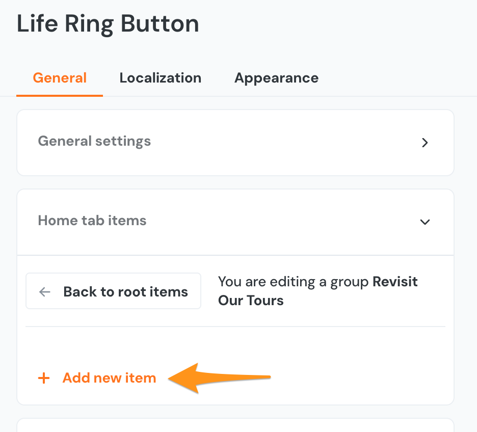 The Edit Group Items page pointing to the Add New Item option