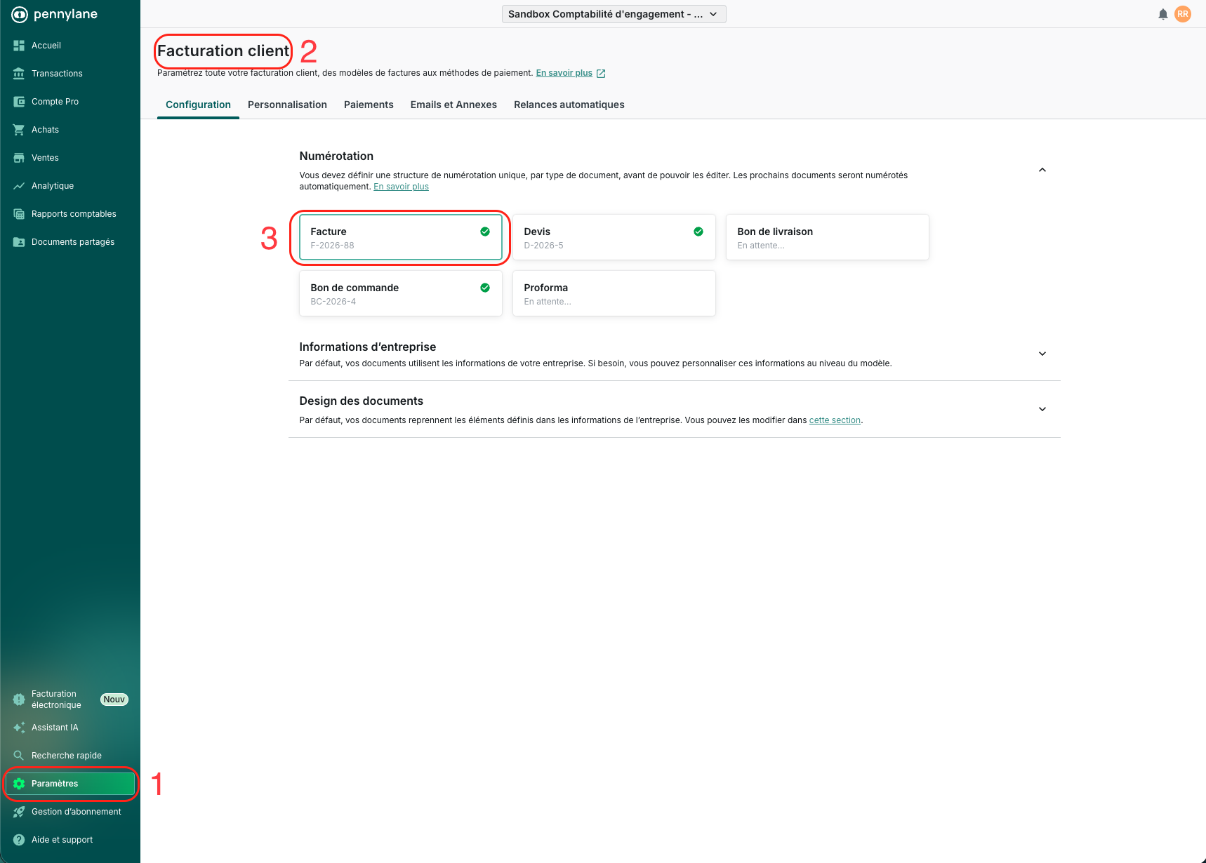 Écran Pennylane Paramètres Facturation client avec la séquence de numérotation des factures mise en évidence