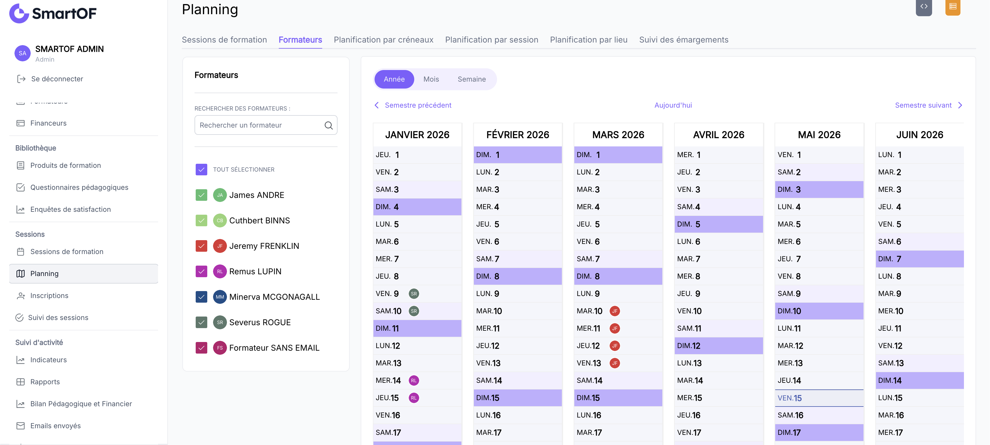 Calendrier filtré sur un formateur avec ses créneaux