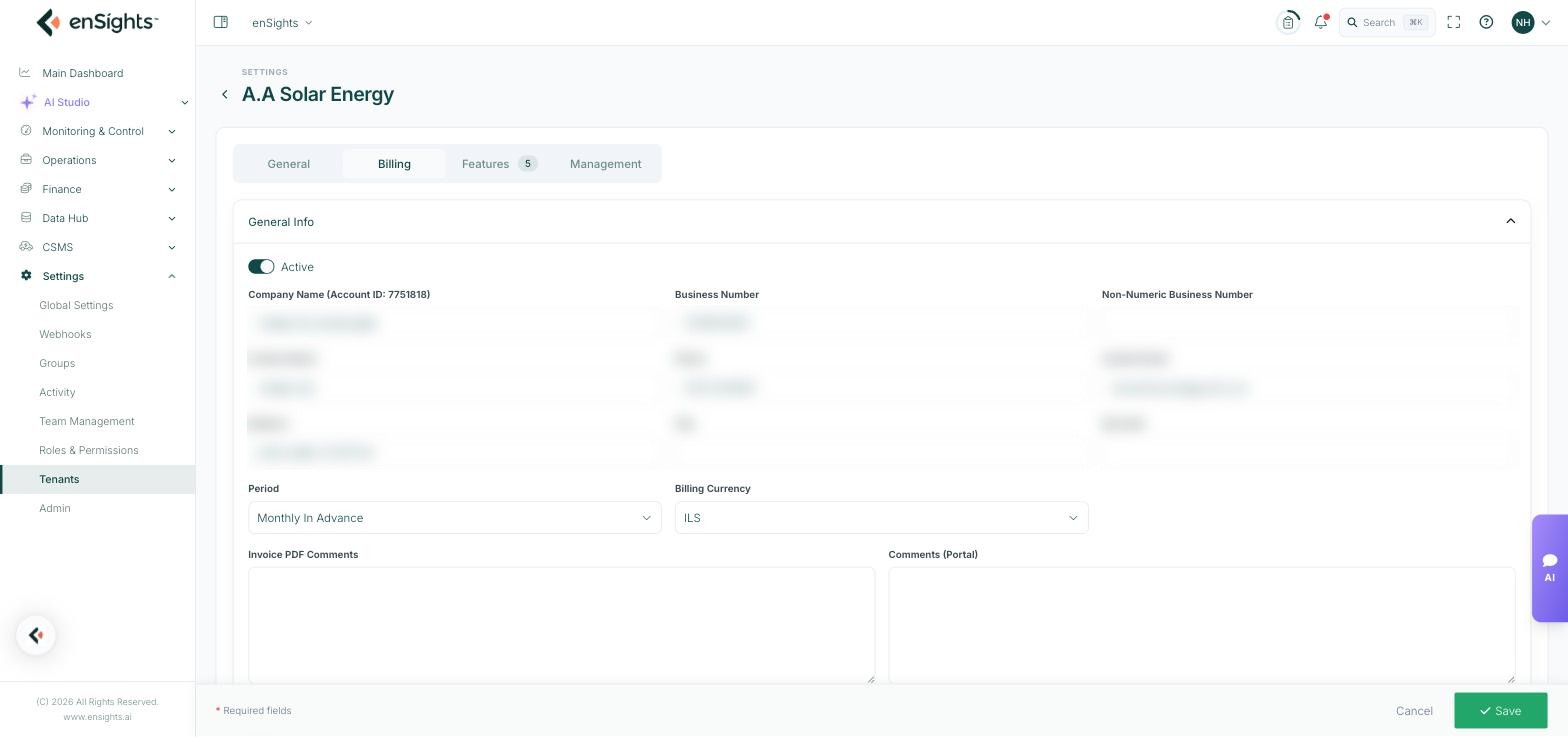 The Billing tab of the tenant editor: General Info with company and contact fields, Period and Billing Currency, invoice comment boxes, and the collapsible PV, Storage and Additional charge sections (details blurred).