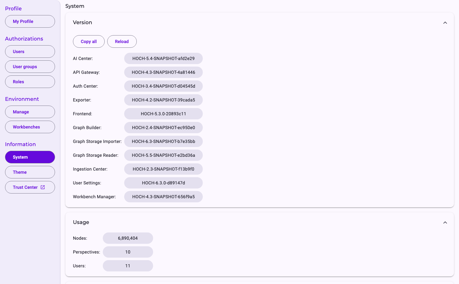 The page System: Version with Copy all and Reload and the versions of AI Center, API Gateway, Auth Center, Exporter, Frontend, Graph Builder, Graph Storage Importer, Graph Storage Reader, Ingestion Center, User Settings and Workbench Manager; Usage with Nodes, Perspectives and Users
