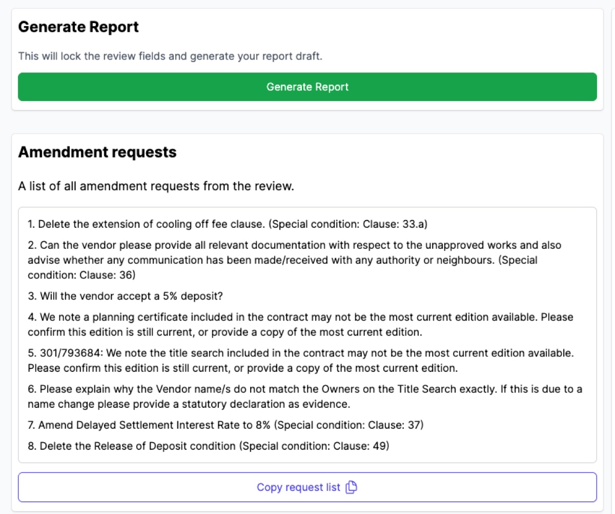 Finalise tab showing Generate Report button and amendment requests list
