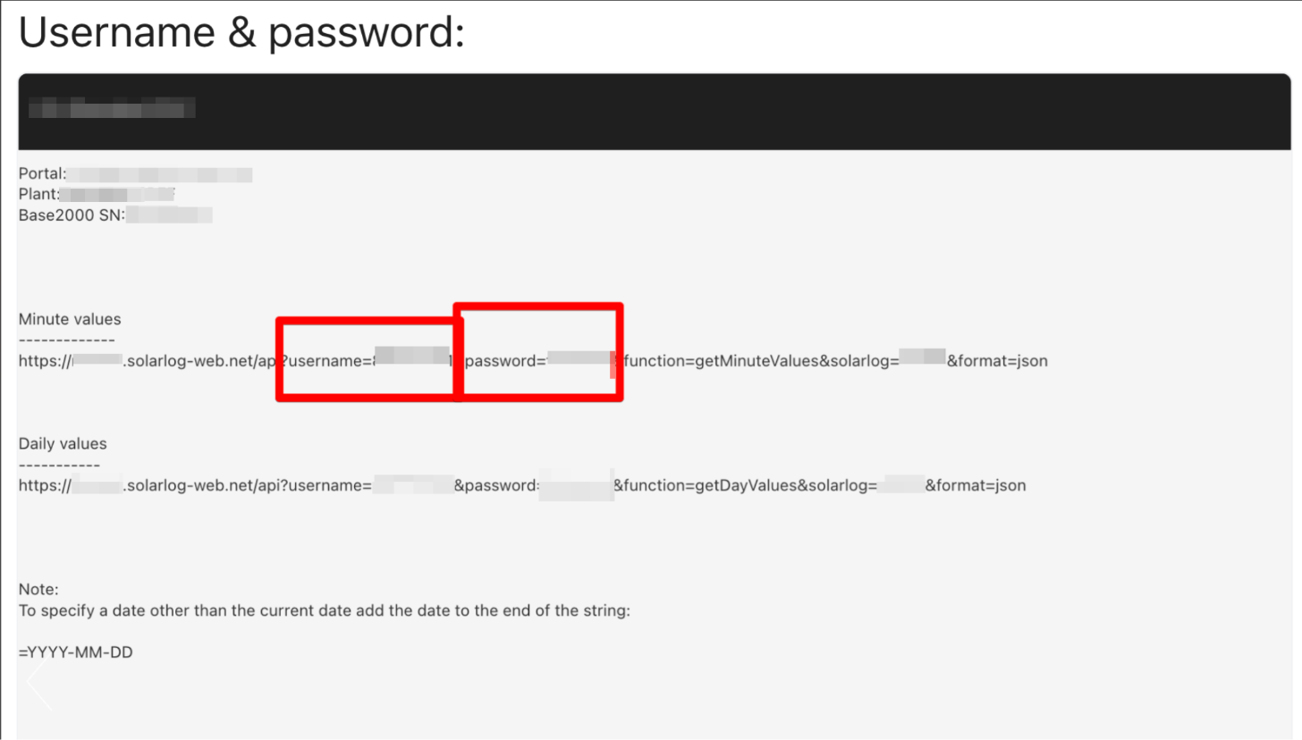Solar-Log API access data email showing username and password